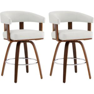 CHITA Swivel Counter Height Barstools Set of 2, FSC Certified Polyester Upholstered Bar Stools with Back and Armrest for Kitchen Island Home Bar, 27″ Seat Height, Cream with Beige Frame(White With Walnut Frame)