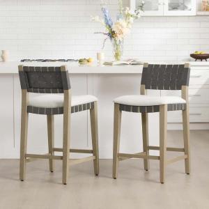 CHITA Woven Bar Stools Set of 2, 26″ Counter Height Bar Stools with Backrest, Handwoven Counter Stools with Wood Frame for Kitchen Island & Home Bar, Dark Grey(Dark Grey)