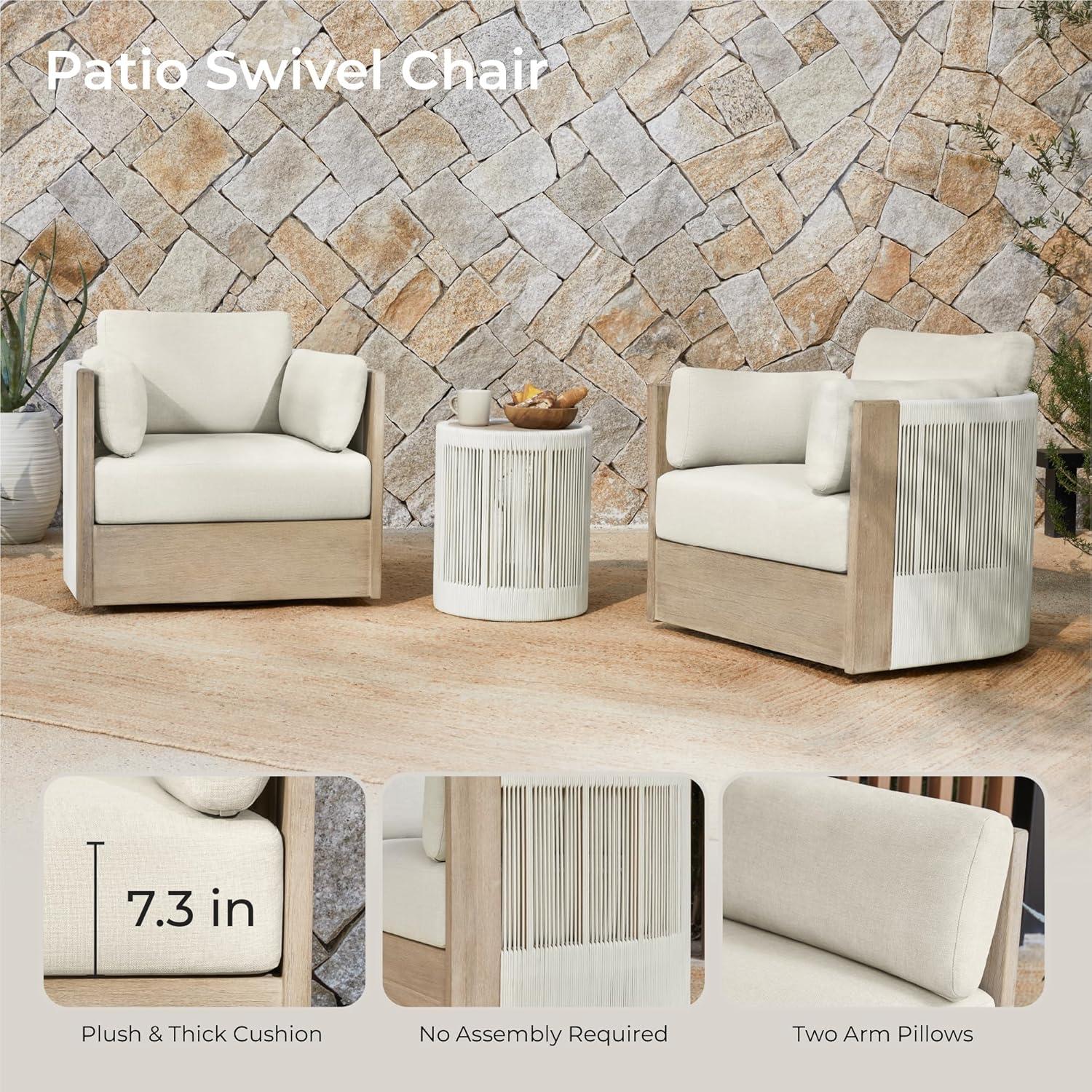 image:imageCHITA 3 Pieces Boho Patio Rattan Bistro Set Outdoor Wicker Furniture Swivel Chairs amp Side Table Set with 2 Arm Pillows Acacia Wood Frame Fully AssembledCream3PC Chair Table