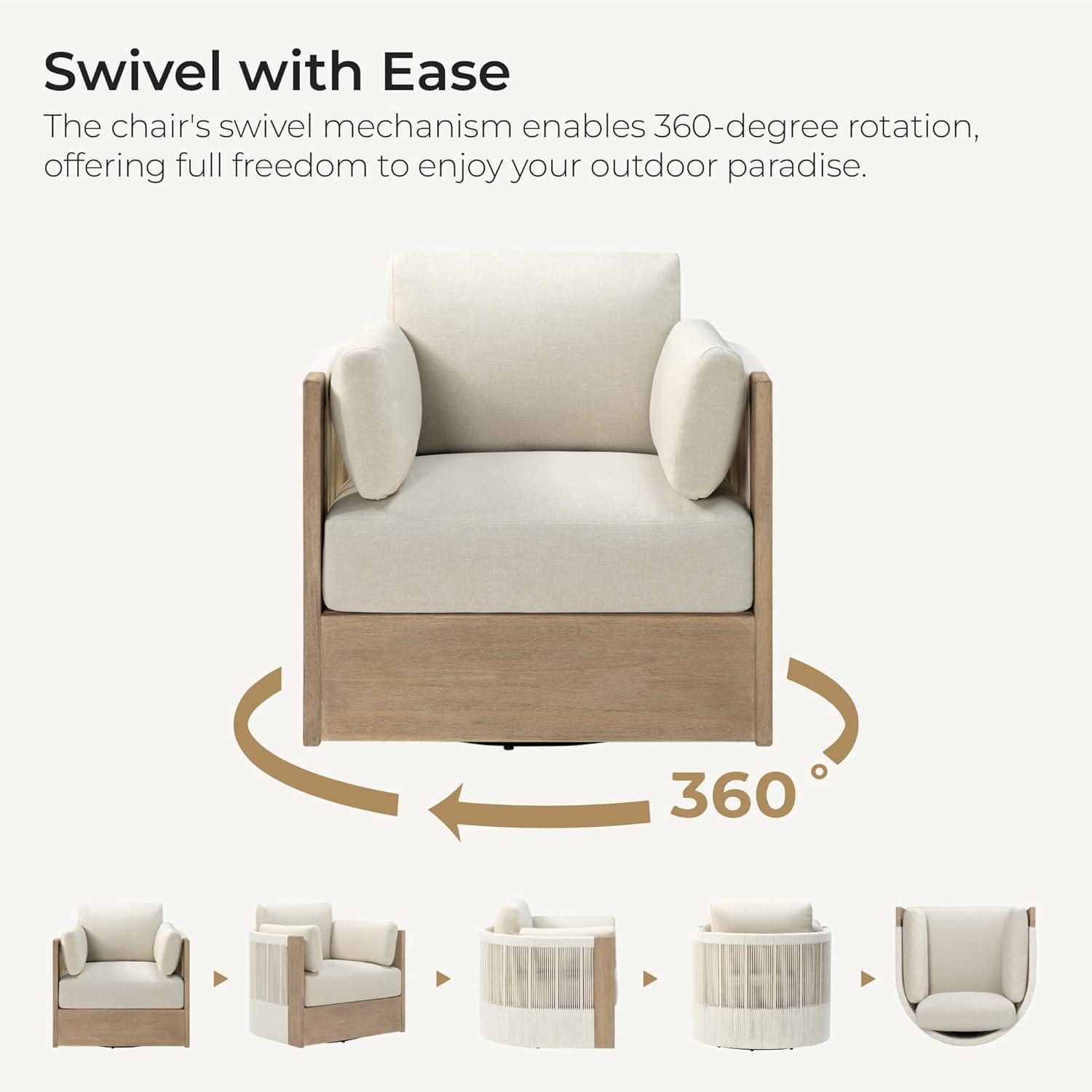 image:imageCHITA 3 Pieces Boho Patio Rattan Bistro Set Outdoor Wicker Furniture Swivel Chairs amp Side Table Set with 2 Arm Pillows Acacia Wood Frame Fully AssembledCream3PC Chair Table