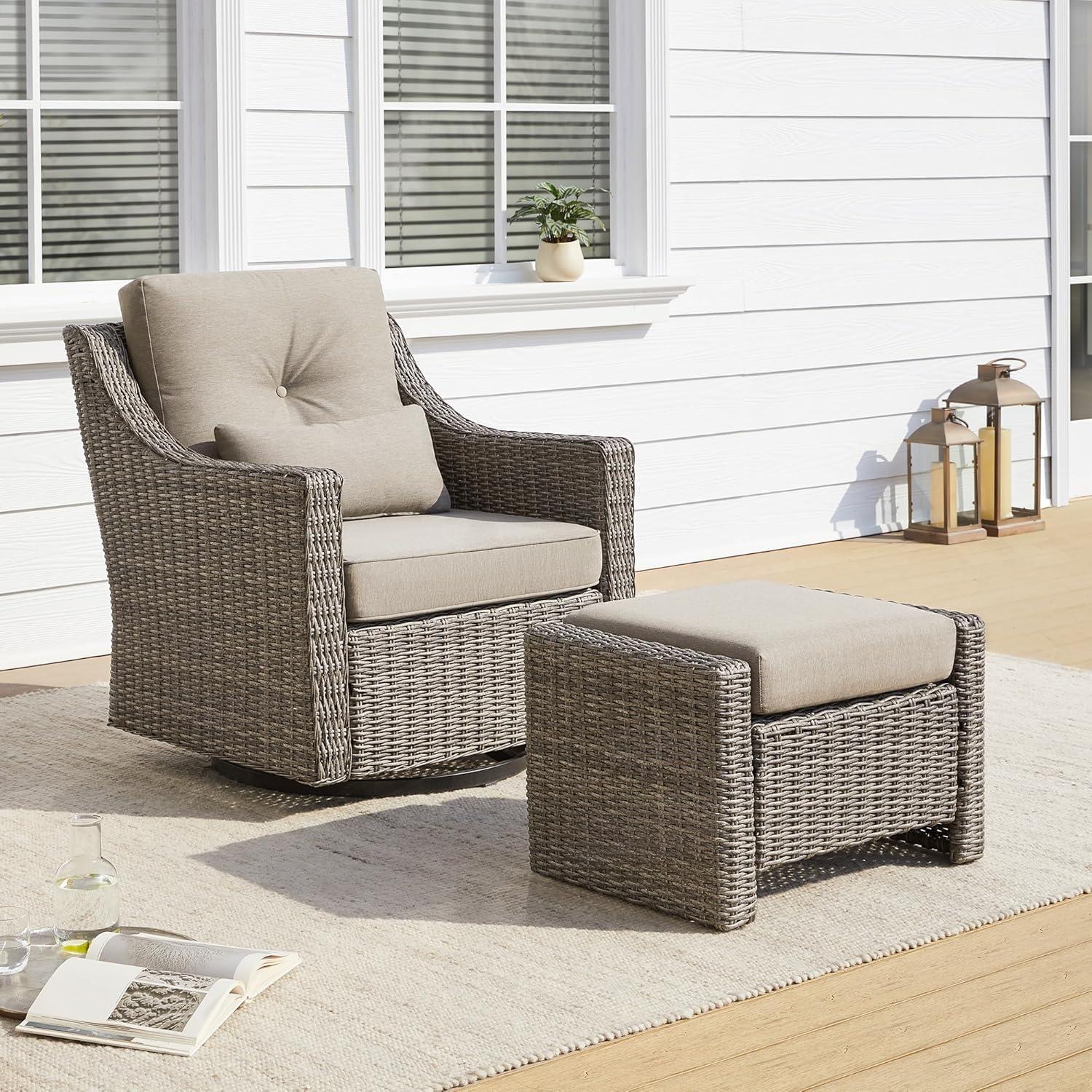 image:imageCHITA Patio Wicker Chair 360 Rocking Swivel Outdoor Rattan Chair with Thickened Cushions for Backyard Poolside Garden or PorchBrownish Grey Cushions With Grey Wicker