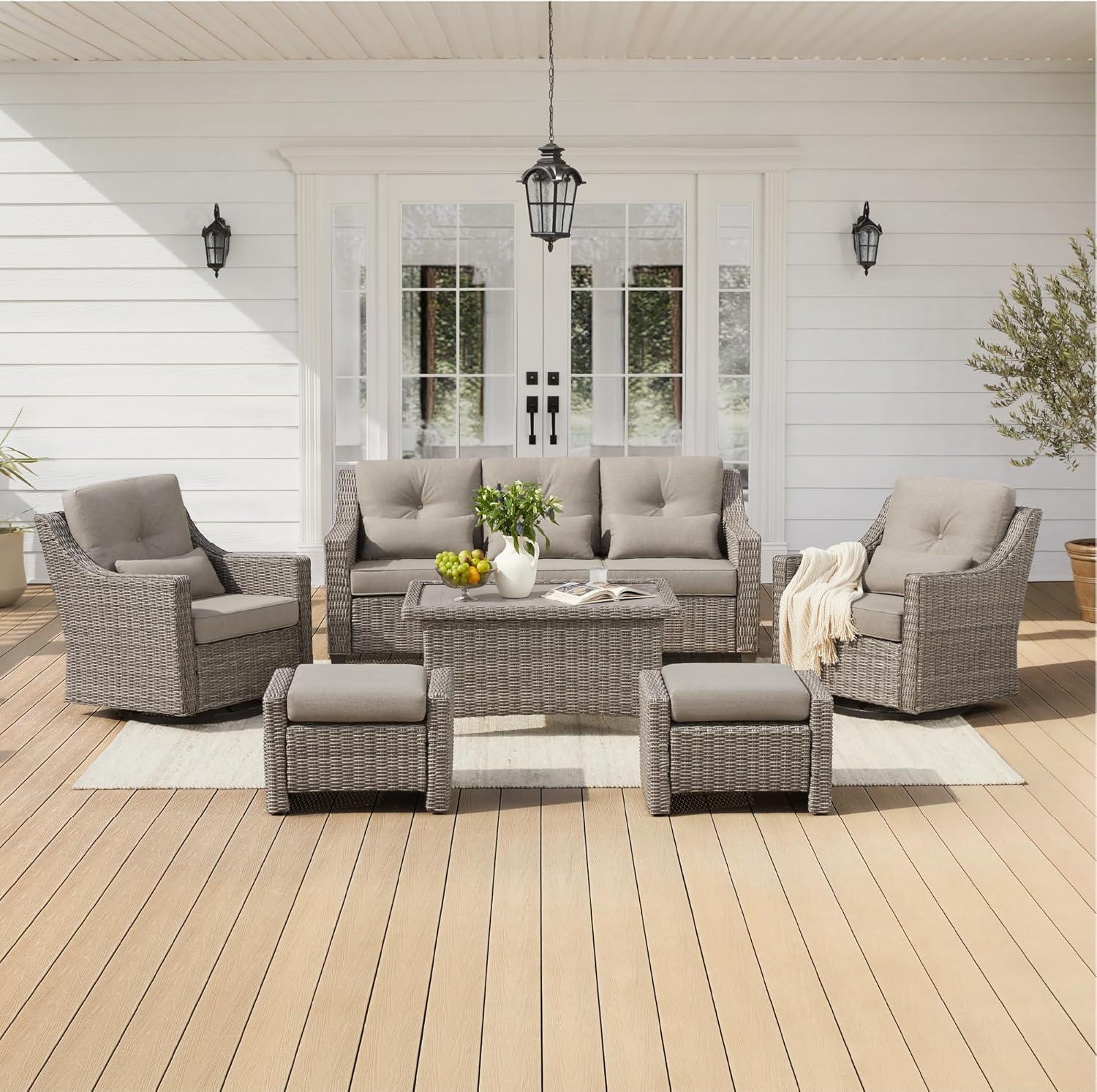 image:imageCHITA Patio Wicker Chair 360 Rocking Swivel Outdoor Rattan Chair with Thickened Cushions for Backyard Poolside Garden or PorchBrownish Grey Cushions With Grey Wicker