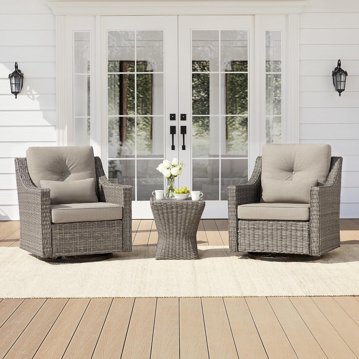 image:imageCHITA Patio Wicker Chair 360 Rocking Swivel Outdoor Rattan Chair with Thickened Cushions for Backyard Poolside Garden or PorchBrownish Grey Cushions With Grey Wicker