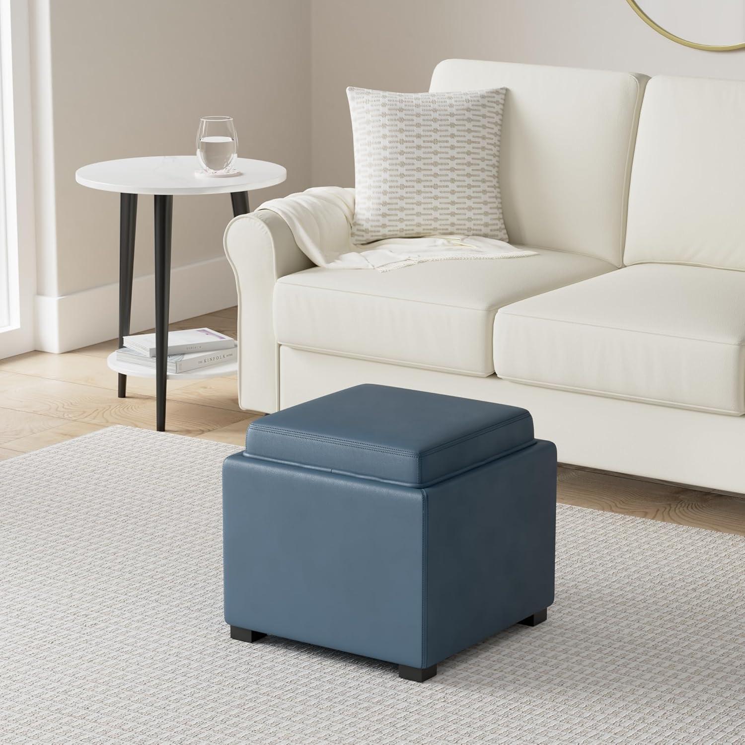 image:imageCHITA Storage Ottoman Cube with Tray Lid Small Footstool with Storage Square End Table for Living Room and Bedroom Fabric in LinenDark Blue