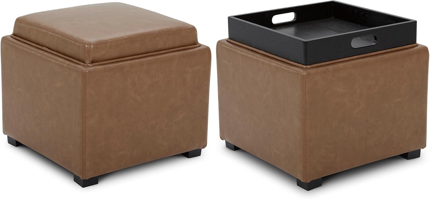 image:imageCHITA Storage Ottoman Cube with Tray Lid Small Footstool with Storage Square End Table for Living Room and Bedroom Fabric in LinenSaddle Brown