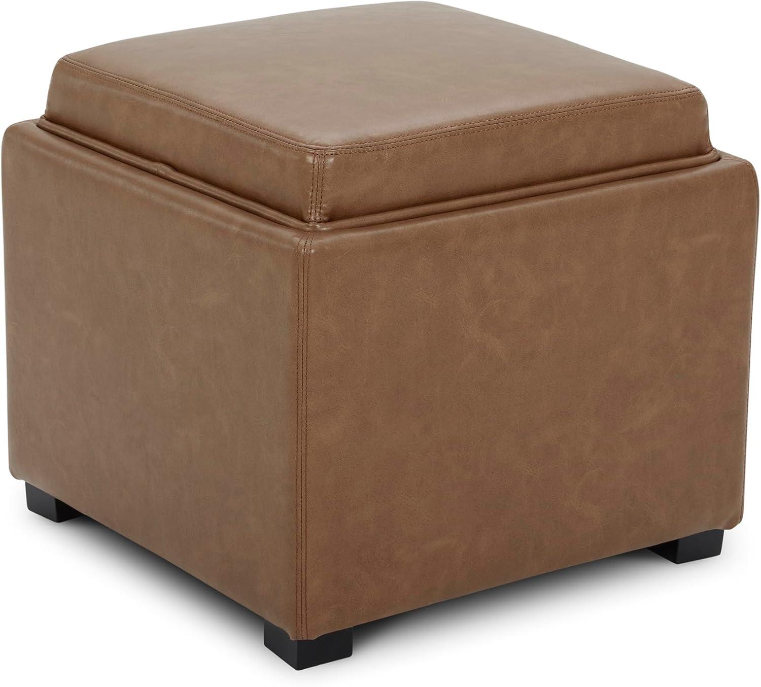 image:imageCHITA Storage Ottoman Cube with Tray Lid Small Footstool with Storage Square End Table for Living Room and Bedroom Fabric in LinenSaddle Brown