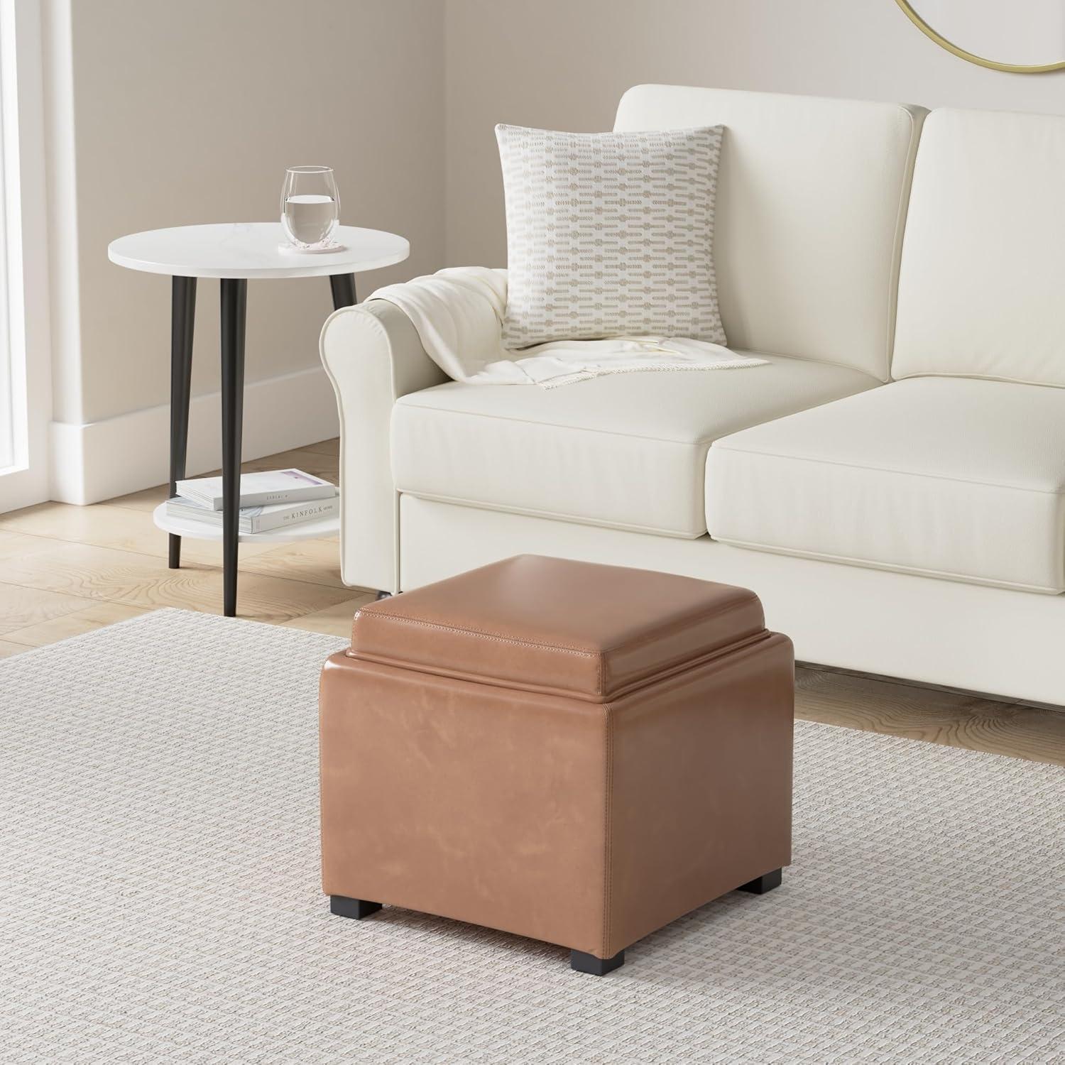 image:imageCHITA Storage Ottoman Cube with Tray Lid Small Footstool with Storage Square End Table for Living Room and Bedroom Fabric in LinenSaddle Brown