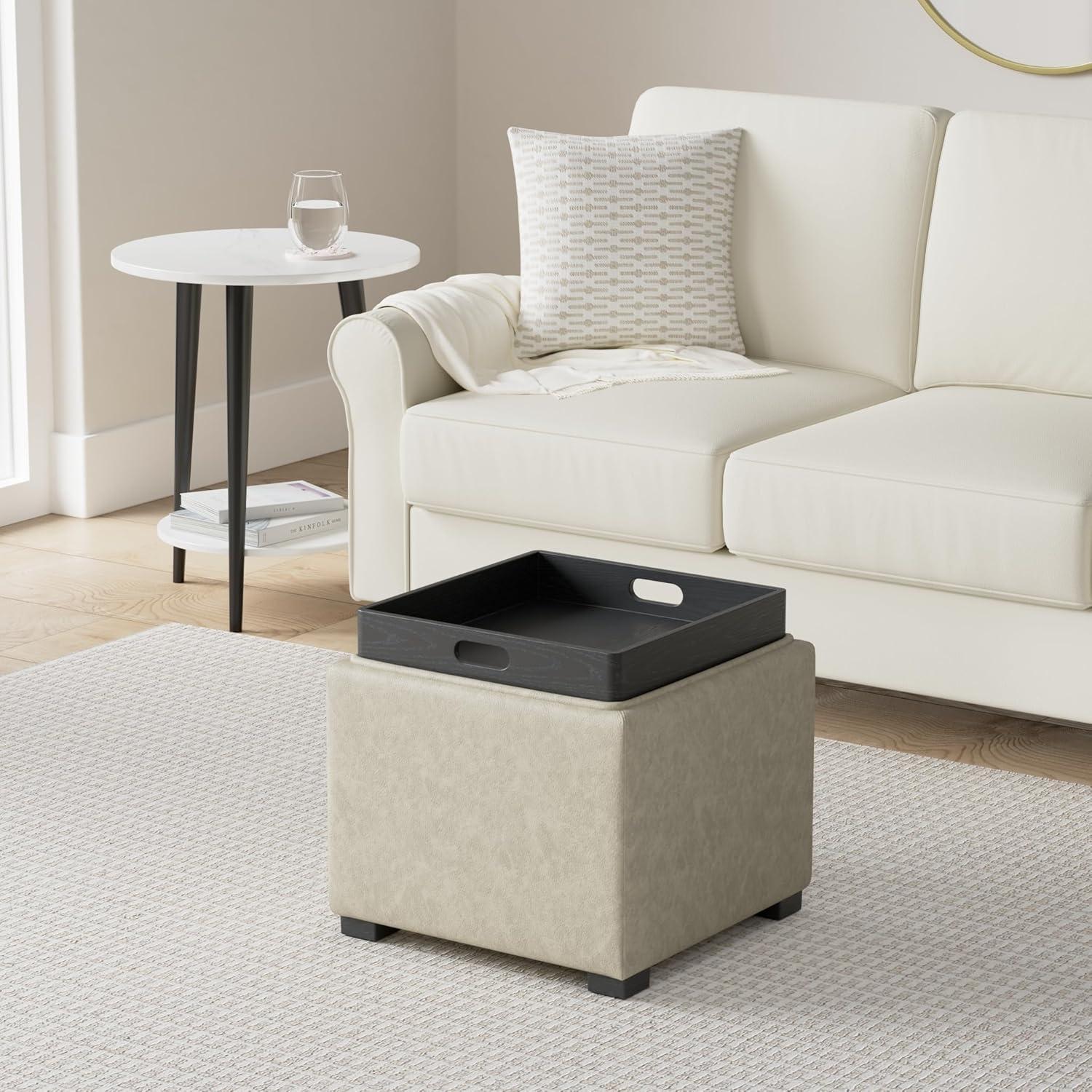 image:imageCHITA Storage Ottoman Cube with Tray Lid Small Footstool with Storage Square End Table for Living Room and Bedroom Fabric in LinenStone Gray