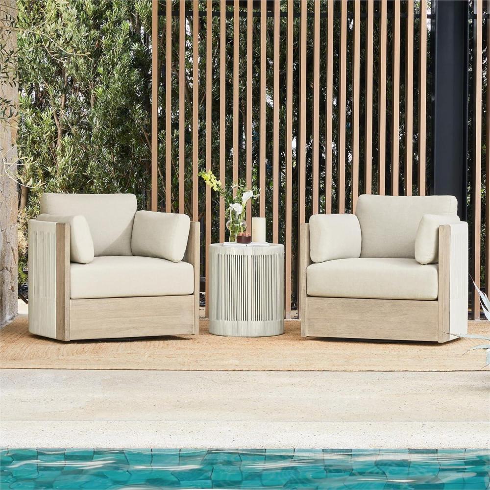 image:imageCHITA 3 Pieces Boho Patio Rattan Bistro Set Outdoor Wicker Furniture Swivel Chairs amp Side Table Set with 2 Arm Pillows Acacia Wood Frame Fully AssembledCream3PC Chair Table