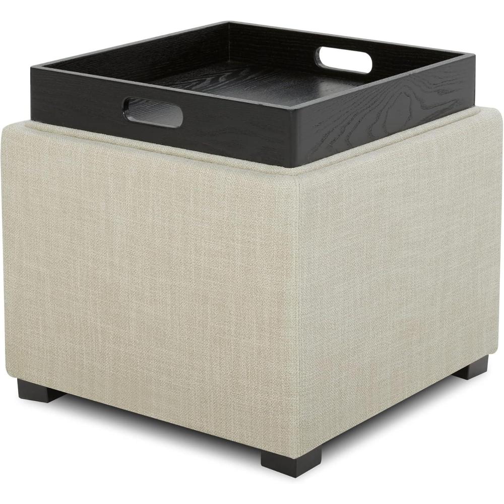 image:imageCHITA Storage Ottoman Cube with Tray Lid Small Footstool with Storage Square End Table for Living Room and Bedroom Fabric in LinenLinen