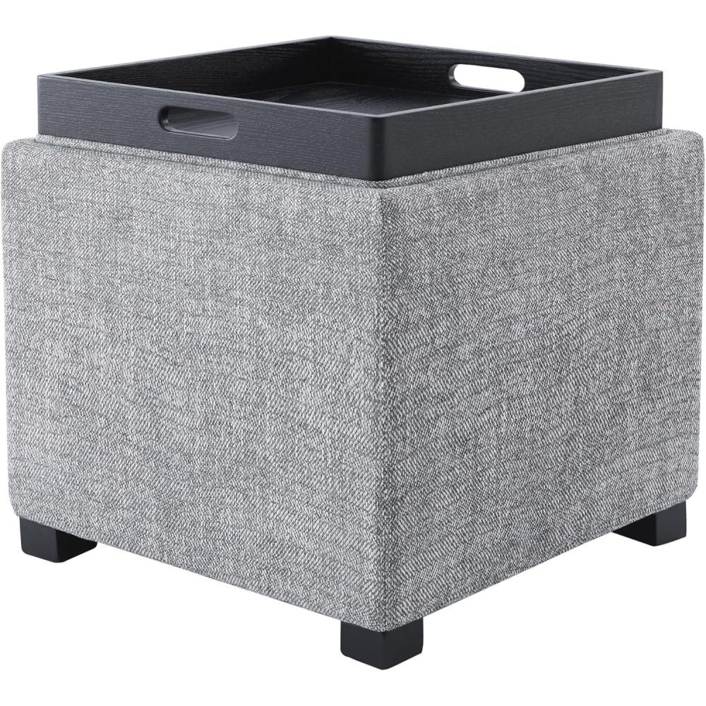 image:imageCHITA Storage Ottoman Cube with Tray Lid Small Footstool with Storage Square End Table for Living Room and Bedroom Fabric in LinenPebble Grey