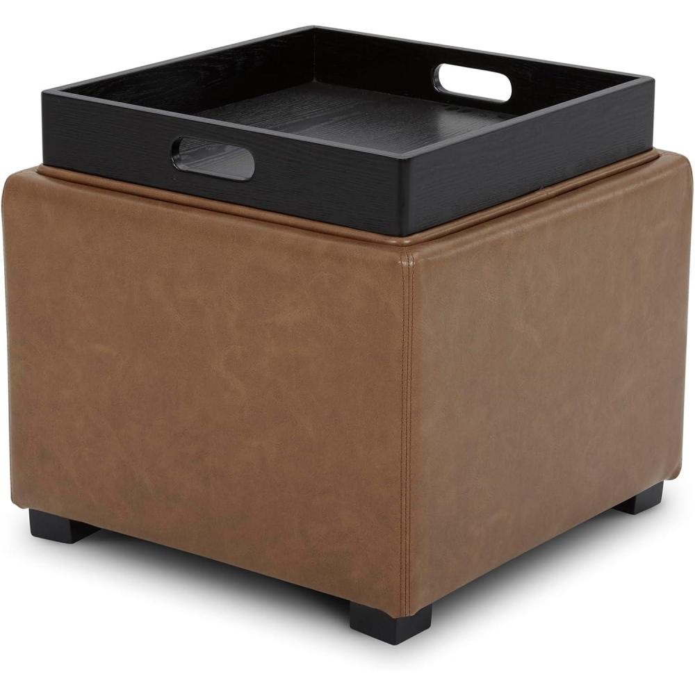 image:imageCHITA Storage Ottoman Cube with Tray Lid Small Footstool with Storage Square End Table for Living Room and Bedroom Fabric in LinenSaddle Brown