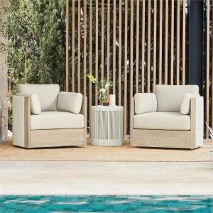 CHITA 3 Pieces Boho Patio Rattan Bistro Set, Outdoor Wicker Furniture Swivel Chairs & Side Table Set with 2 Arm Pillows, Acacia Wood Frame, Fully Assembled(Cream)(3PC – Chair & Table)