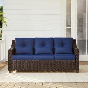 CHITA Patio Wicker Chair, 360° Rocking Swivel Outdoor Rattan Chair with Thickened Cushions for Backyard, Poolside, Garden or Porch(Blue Cushions With Chestnut Wicker)