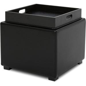 CHITA Storage Ottoman Cube with Tray Lid, Small Footstool with Storage, Square End Table for Living Room and Bedroom, Fabric in Linen(Black)