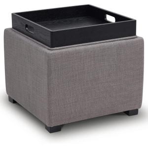 CHITA Storage Ottoman Cube with Tray Lid, Small Footstool with Storage, Square End Table for Living Room and Bedroom, Fabric in Linen(Flint Grey)