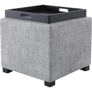 CHITA Storage Ottoman Cube with Tray Lid, Small Footstool with Storage, Square End Table for Living Room and Bedroom, Fabric in Linen(Pebble Grey)