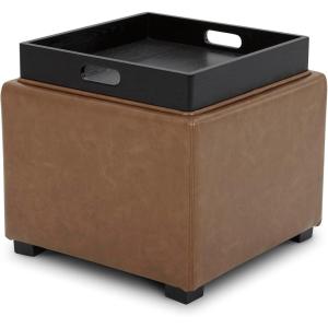 CHITA Storage Ottoman Cube with Tray Lid, Small Footstool with Storage, Square End Table for Living Room and Bedroom, Fabric in Linen(Saddle Brown)